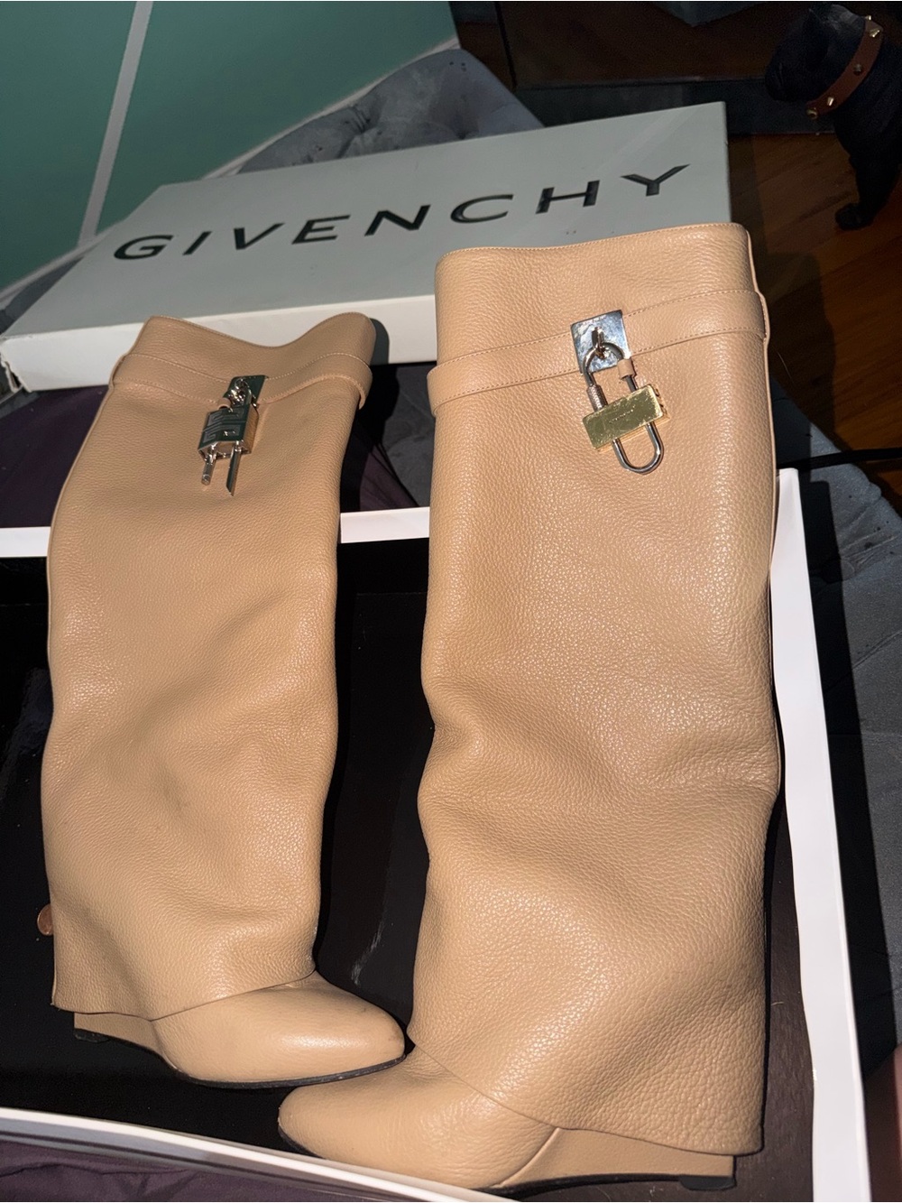 Givenchy Tan Pebbled Leather Over-the-Knee Boots with Padlock Accent for Sale